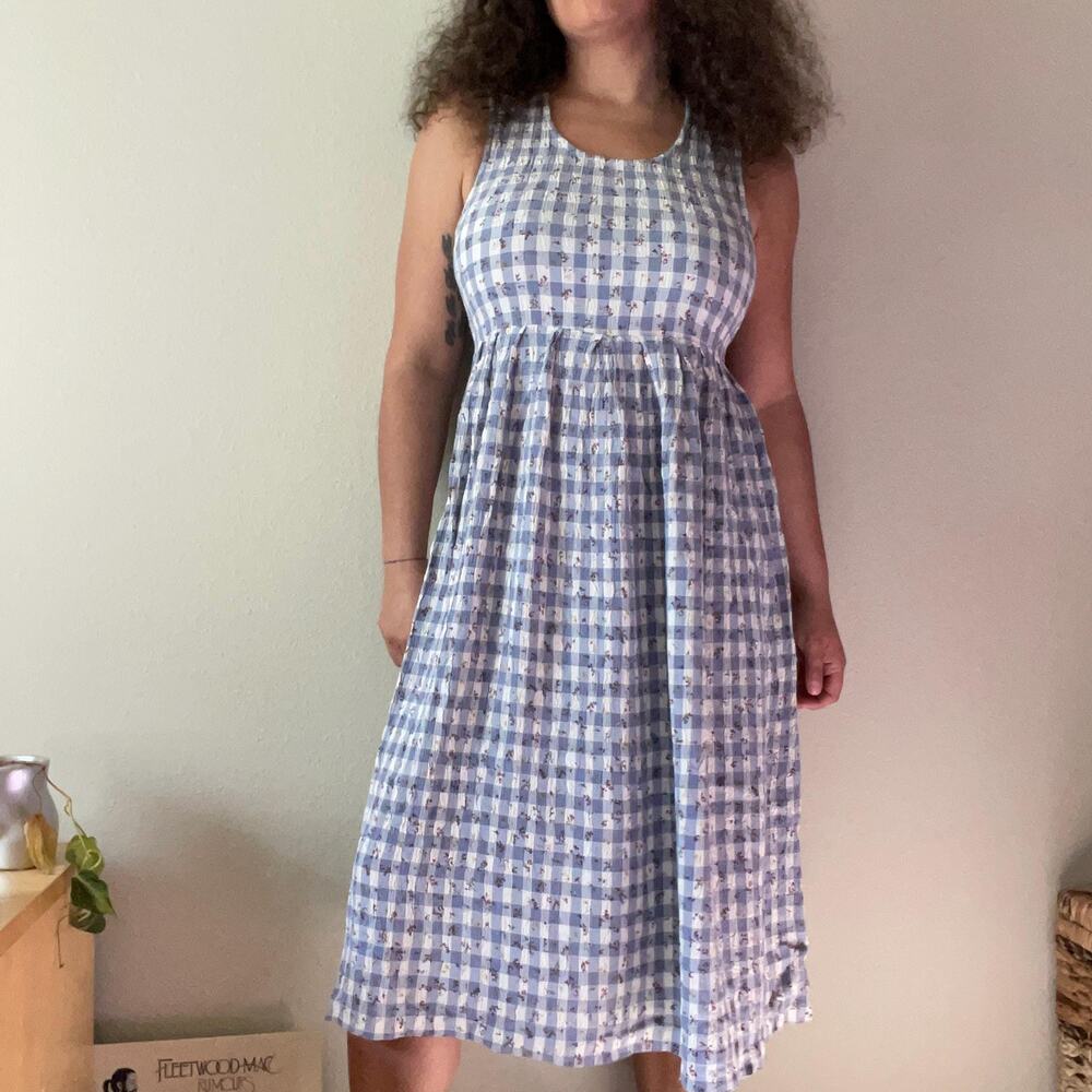 Vintage 80s 90s pastel blue gingham dainty floral midi maxi dress | size - Picture 4 of 9
